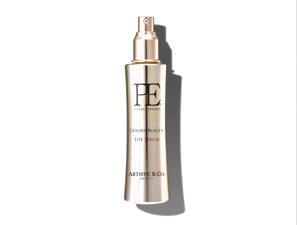 PE Golden Beauty The Serum with pump dispenser on a grey background