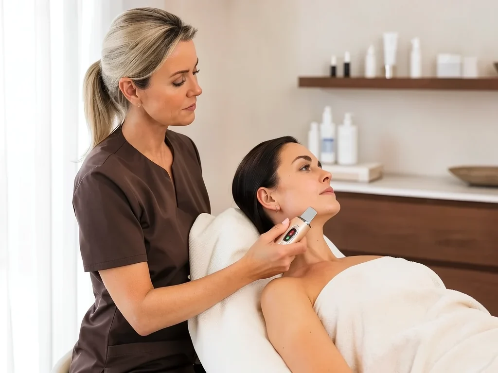 Beautician performing a device facial treatment in a clinic