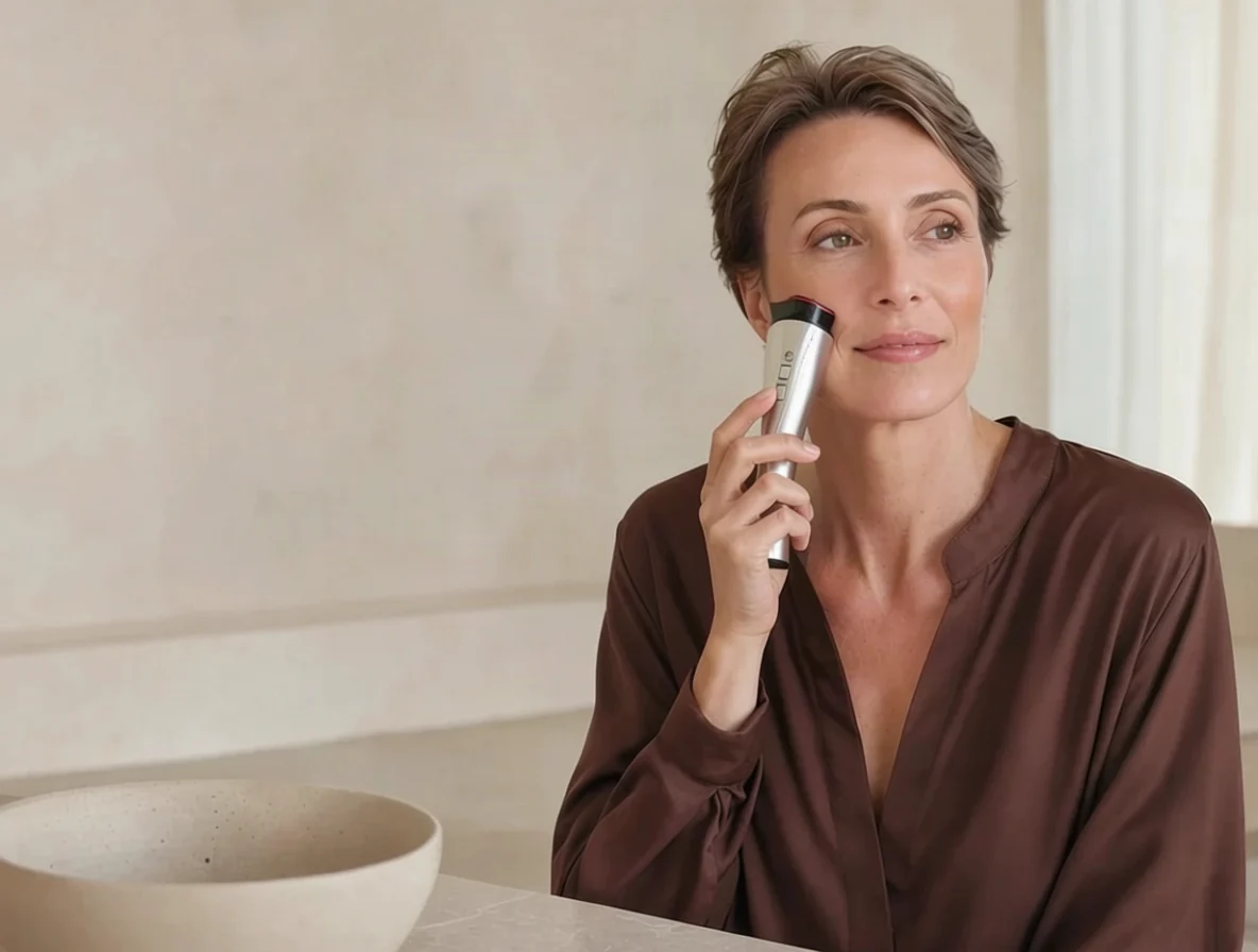Woman using a facial beauty device along the jawline at home