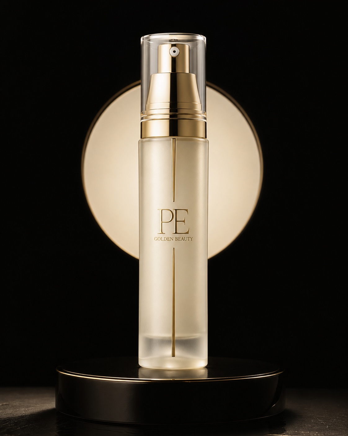 PE Golden Beauty serum and massage gel arranged for a skincare routine